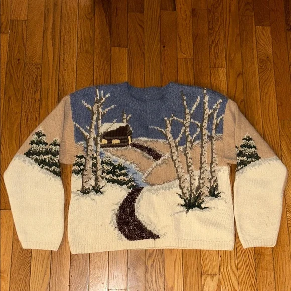 RARE VINTAGE Sz S/M cozy handknit Winter Scene Sweater in Blue and Tan - Picture 3 of 5